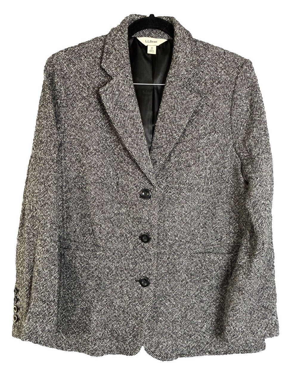 Vintage LL Bean Black Tweed Wool Cashmere Blazer Jacket Sz 18P Office Minimalist